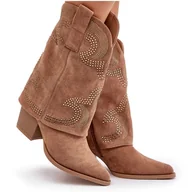 Botki damskie - Zdobione Kozaki Kowbojki Do Połowy Łydki Na Słupku S.Barski HY42-153 Camel beżowy - miniaturka - grafika 1