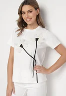 Koszulki i topy damskie - Biały T-shirt z Bawełny Ozdobiony Kwiatami Marionis - miniaturka - grafika 1