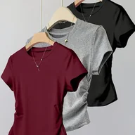 Bluzki damskie - TEMU Elegancki, jednokolorowy, krótki rękaw, z marszczonymi rękawami, T-shirt dla kobiet - Wszechstronny top na co dzień z grafiką "Nie jestem stara, - miniaturka - grafika 1