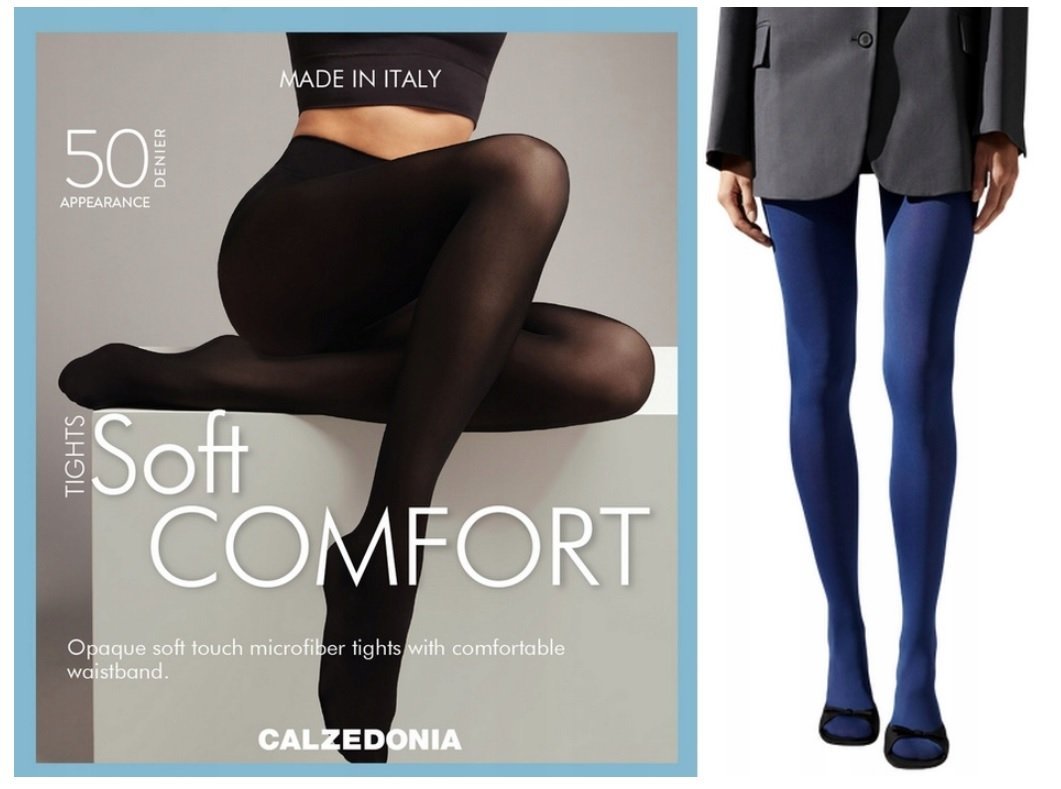 Rajstopy gładkie Calzedonia 50den soft touch miękkie kryjące niebieskie 4/L