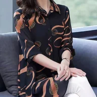 Koszule damskie - TEMU Bluzka Damska z Eleganckim Geometrycznym Wzorem - Lekka, Półprześwitująca Koszula z Długim Rękawem w Czarno-Pomarańczowe Wzory, Kołnierzyk na - miniaturka - grafika 1