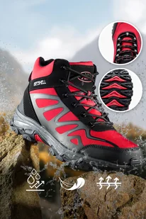 Czerwone buty trekkingowe damskie sznurowane z czarnymi dodatkami softshell Casu B2109-4 - Buty trekkingowe damskie - miniaturka - grafika 1