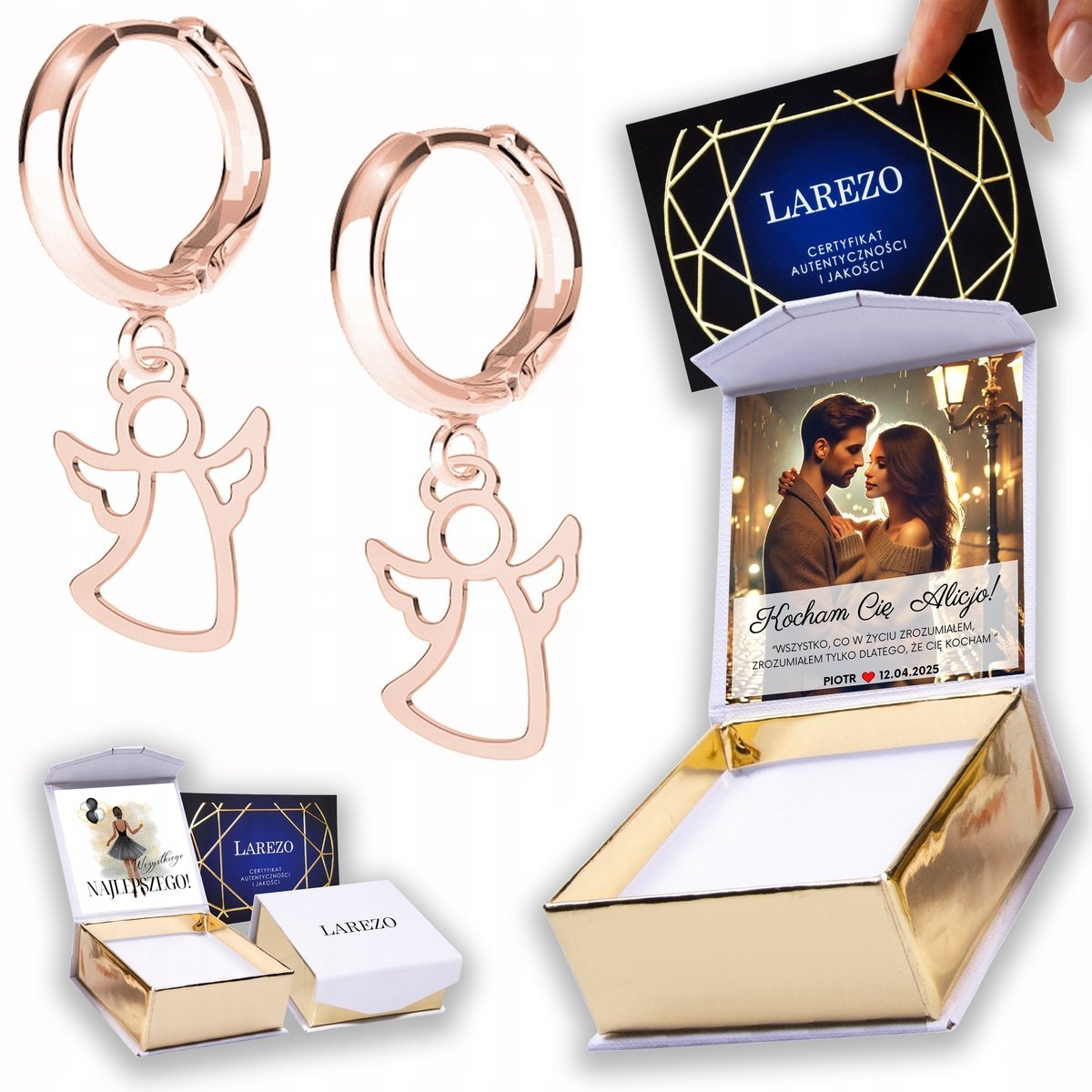 Kolczyki Pozłacane 925 z Aniołkami Anioły Aniołki Angel Chłopiec NADRUK