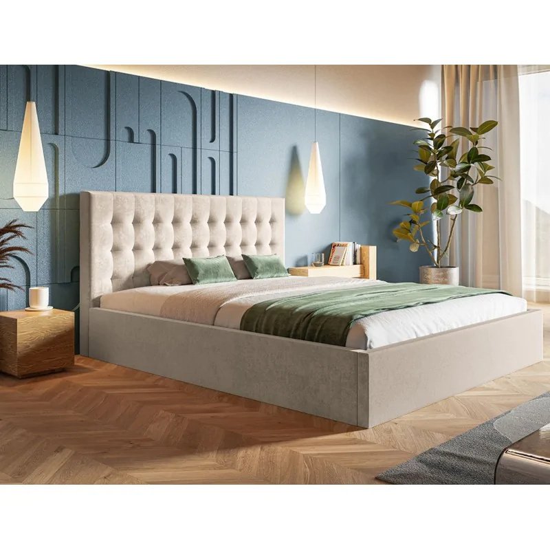 Łóżko tapicerowane SIM 2 z zagłówkiem, 160x200 cm, łóżko podwójne z podstawą łóżka i stelażem z listew wykonanych z drewna, tkanina welurowa, kolor: beżowy