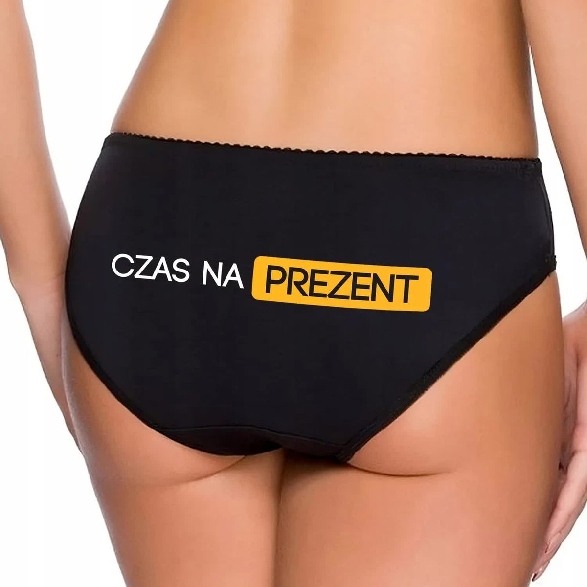 Figi Damskie Majtki Czarne CZAS NA PREZENT Zabawny Prezent Walentynki - XL