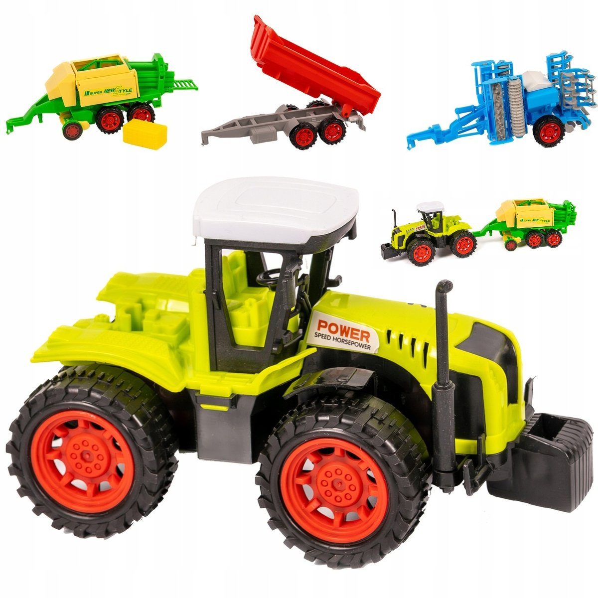 TRAKTOR Z PRZYCZEPAMI ZESTAW ROLNICZY TRAKTOR I 3 PRZYCZEPY DUŻY