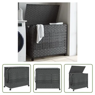 The Living Store Kosz na pranie z kółkami Szary 66x35x60 cm Rattan - Kosze na bieliznę - miniaturka - grafika 1