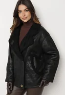 Kurtki damskie - Czarna Kurtka Biker Oversize Zapinana na Guziki Ocieplana Futerkiem Nikiena - miniaturka - grafika 1