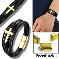 Bransolety męskie - ZŁOTA BRANSOLETKA MĘSKA SKÓRZANA KRZYŻ STAL CHIRURGICZNA 316L - miniaturka - grafika 1