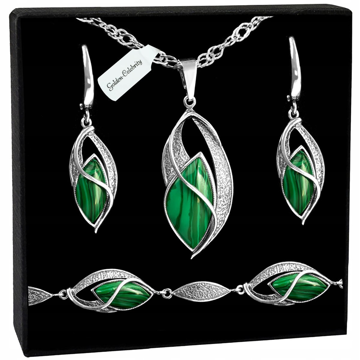 SREBRNY KOMPLET BIŻUTERII NASZYJNIK LISTEK 925 KOLCZYKI + BRANSOLETKA 50 CM