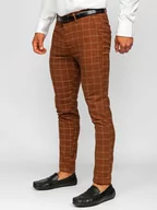 Spodnie męskie - Brązowe spodnie materiałowe chinosy w kratę męskie Denley 0047 - miniaturka - grafika 1