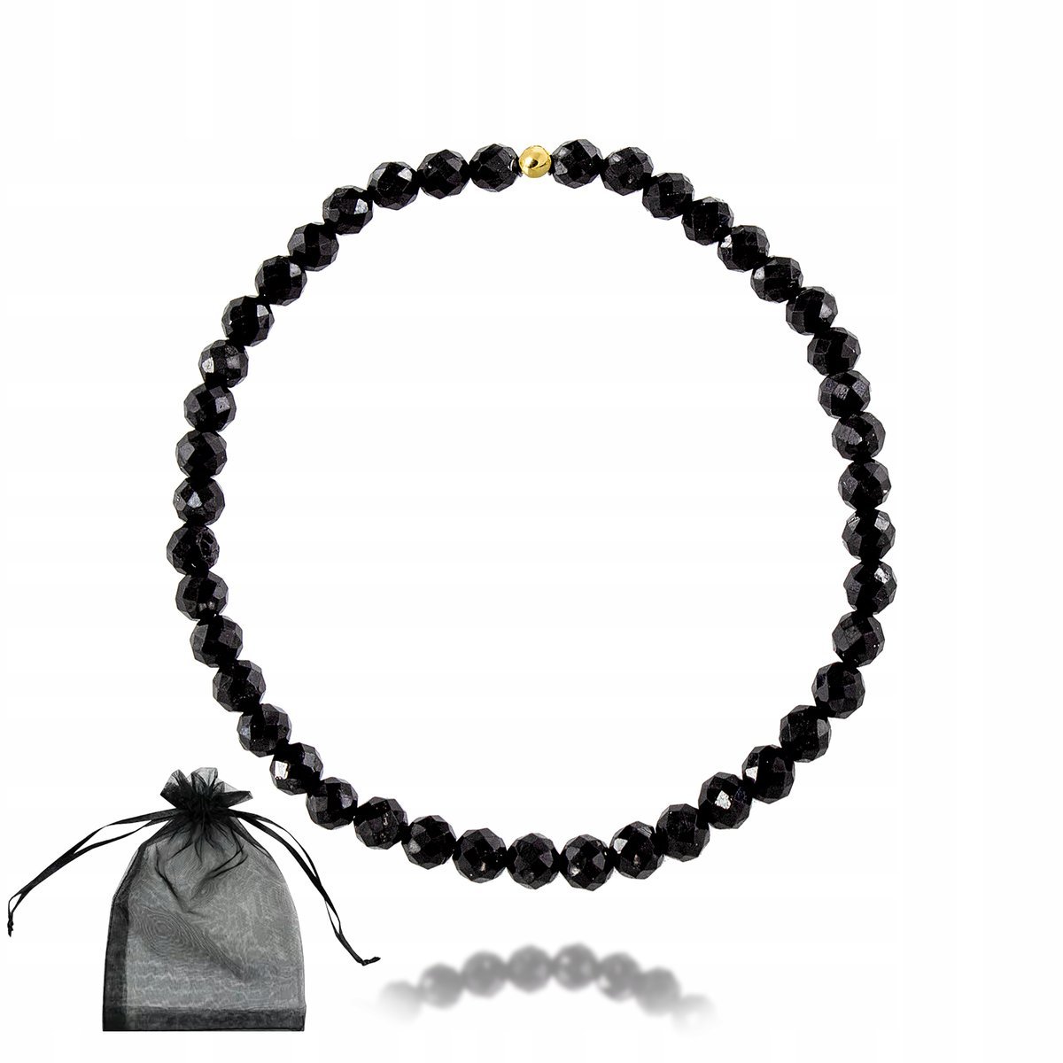 Czarny Turmalin Bransoletka na Gumce Złocona Kulka Naturalne Kamienie 17cm