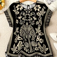 Koszule damskie - TEMU Bluzka Damska z Eleganckim Rękawem Batwing - Czarno-Beżowa, Retro Kwiatowy Print, Okrągły Dekolt, Wszechstronna na Każdą Porę Roku, Do Biura, - miniaturka - grafika 1