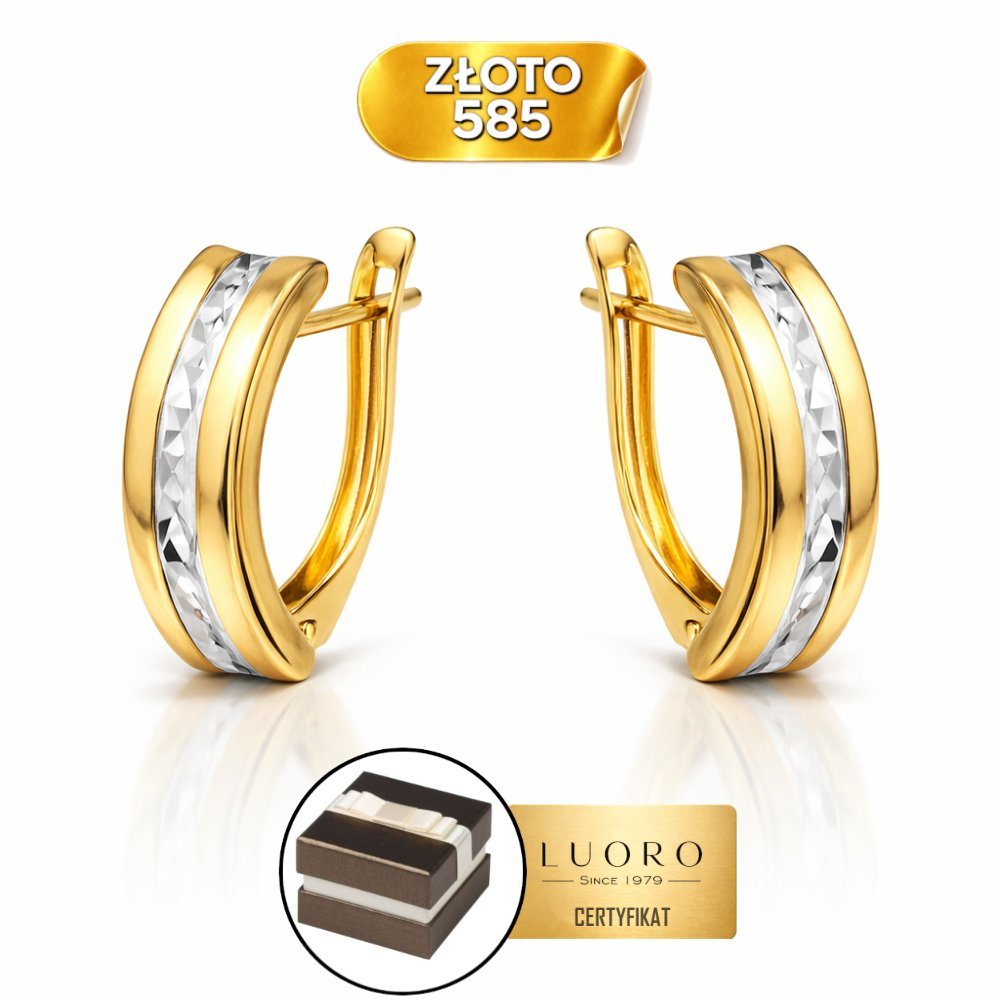 KOLCZYKI ZŁOTE 585 14K DIAMENTOWANE PROSTOKĄT DWA KOLORY ZŁOTA 15 MM