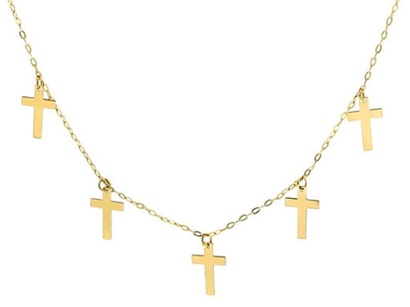 Złoty naszyjnik 585 celebrytka z wiszącymi krzyżykami na łańcuszku i cyrkonią