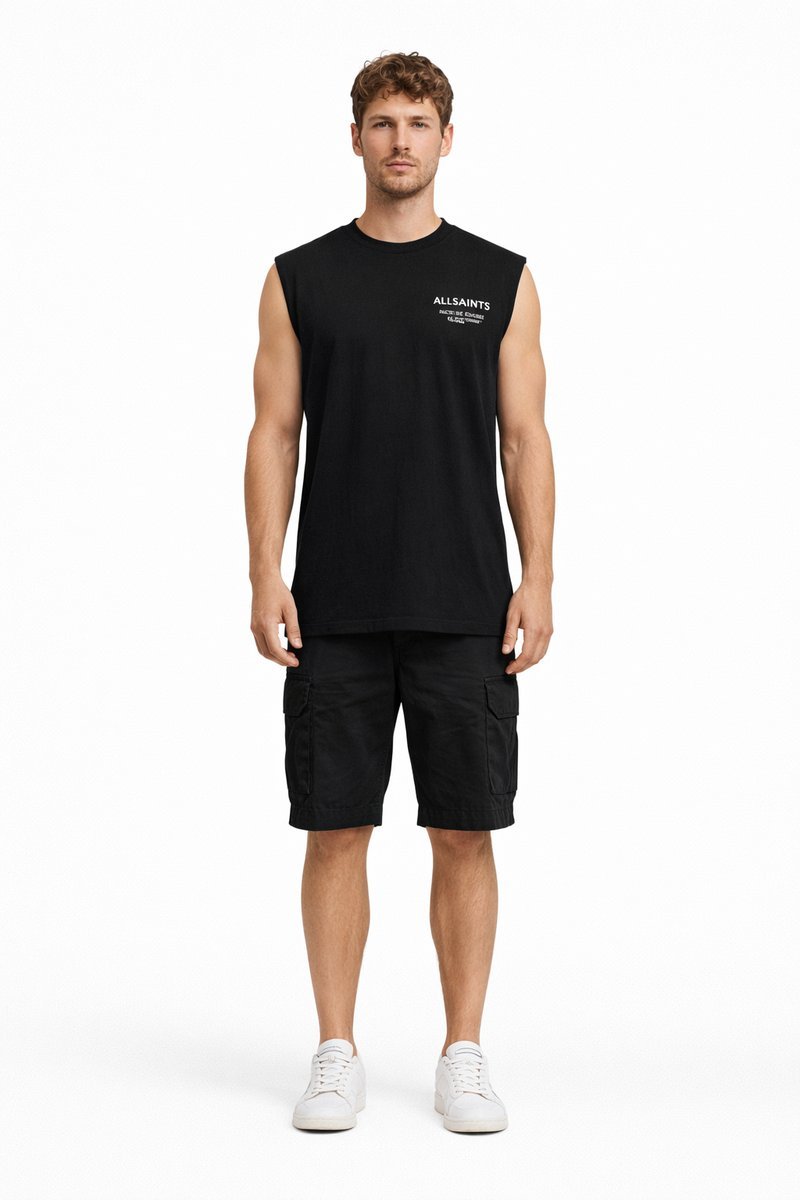 ALLSAINTS CZARNY T-SHIRT BEZ RĘKAWÓW Z BIAŁYM NADRUKIEM XS I4A