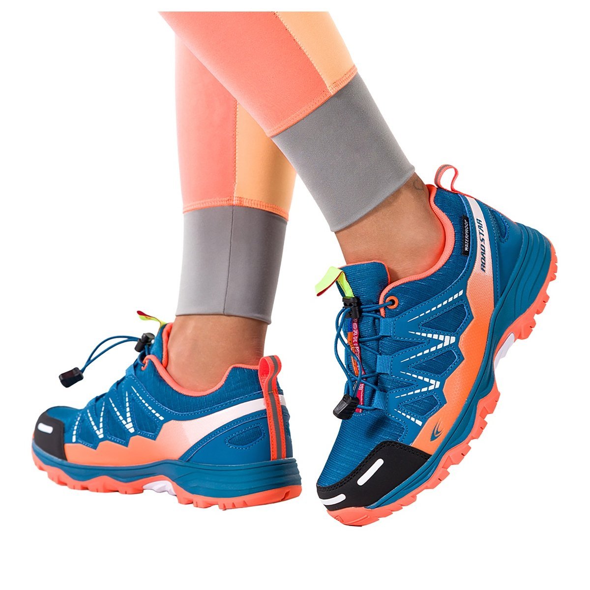 Ciemnoniebieskie buty sportowe trekkingowe damskie wodoodporne na bieżnikowanej podeszwie z regulowaną elastyczną sznurówką pomarańczowe wstawki Cas..