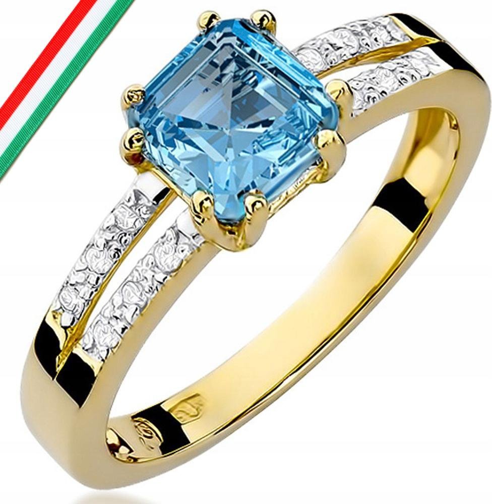 Złoty pierścionek 585 stylowy topaz diamenty modny wzór dla niej zaręczyny