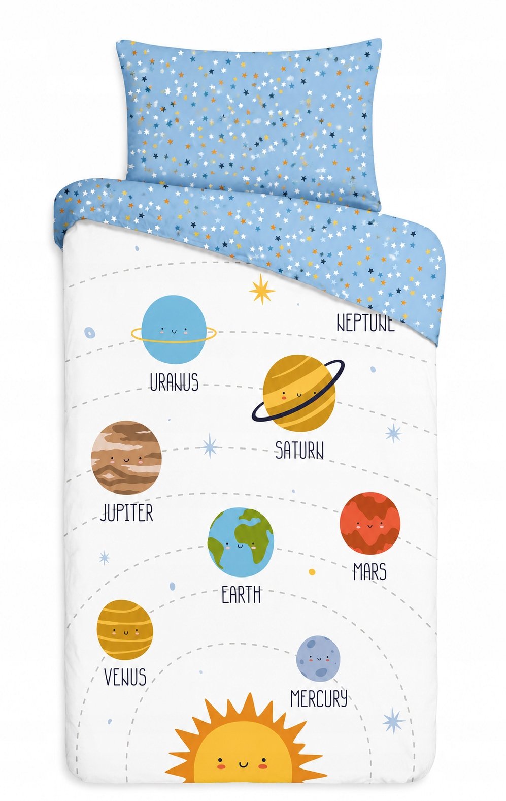 Pościel 140x200 planety kosmos układ słoneczny biała niebieska dwustronna