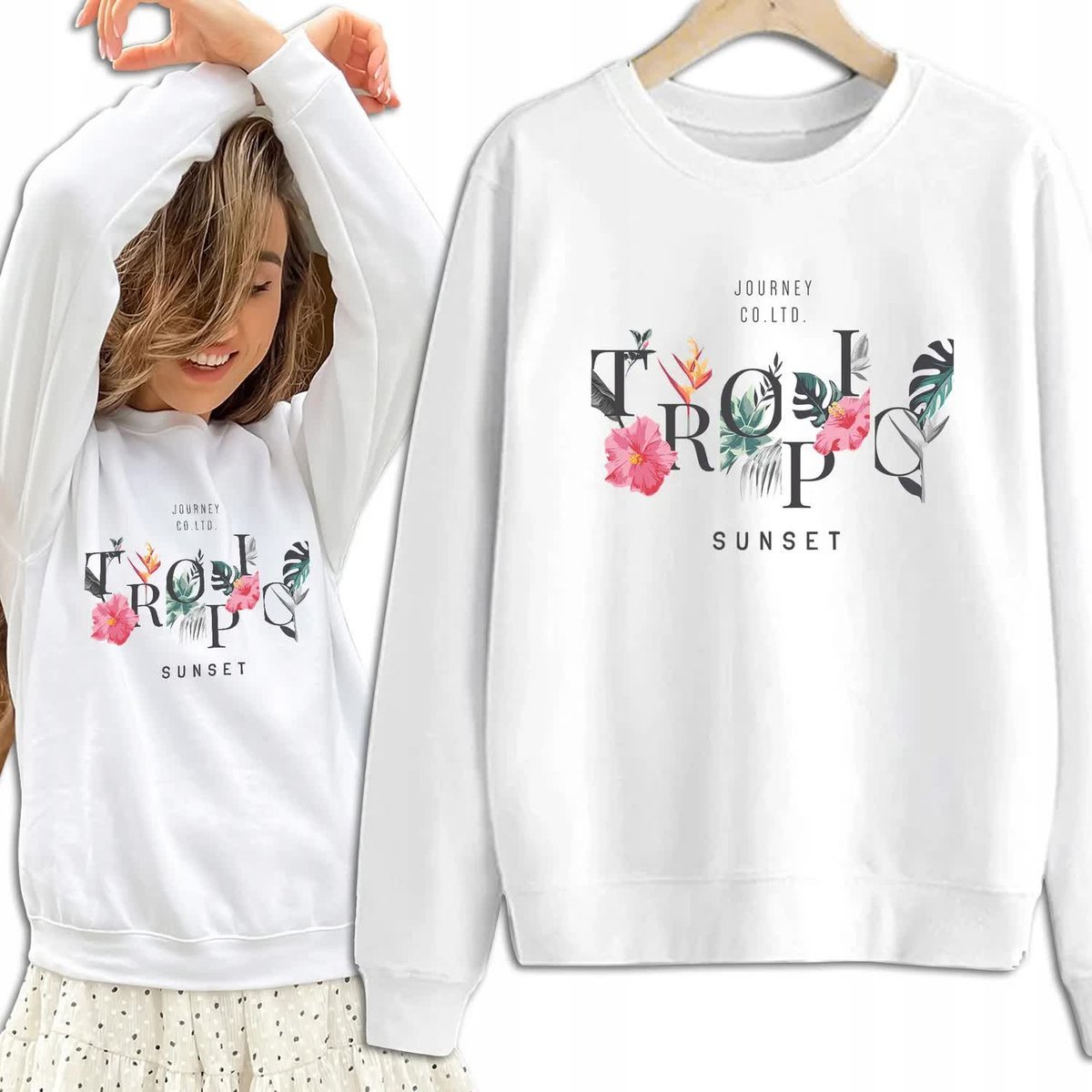 Bluza Damska Biała Dresowa TROPIC Kobiece Dziewczęce Piękne Wzory Rozmiar S