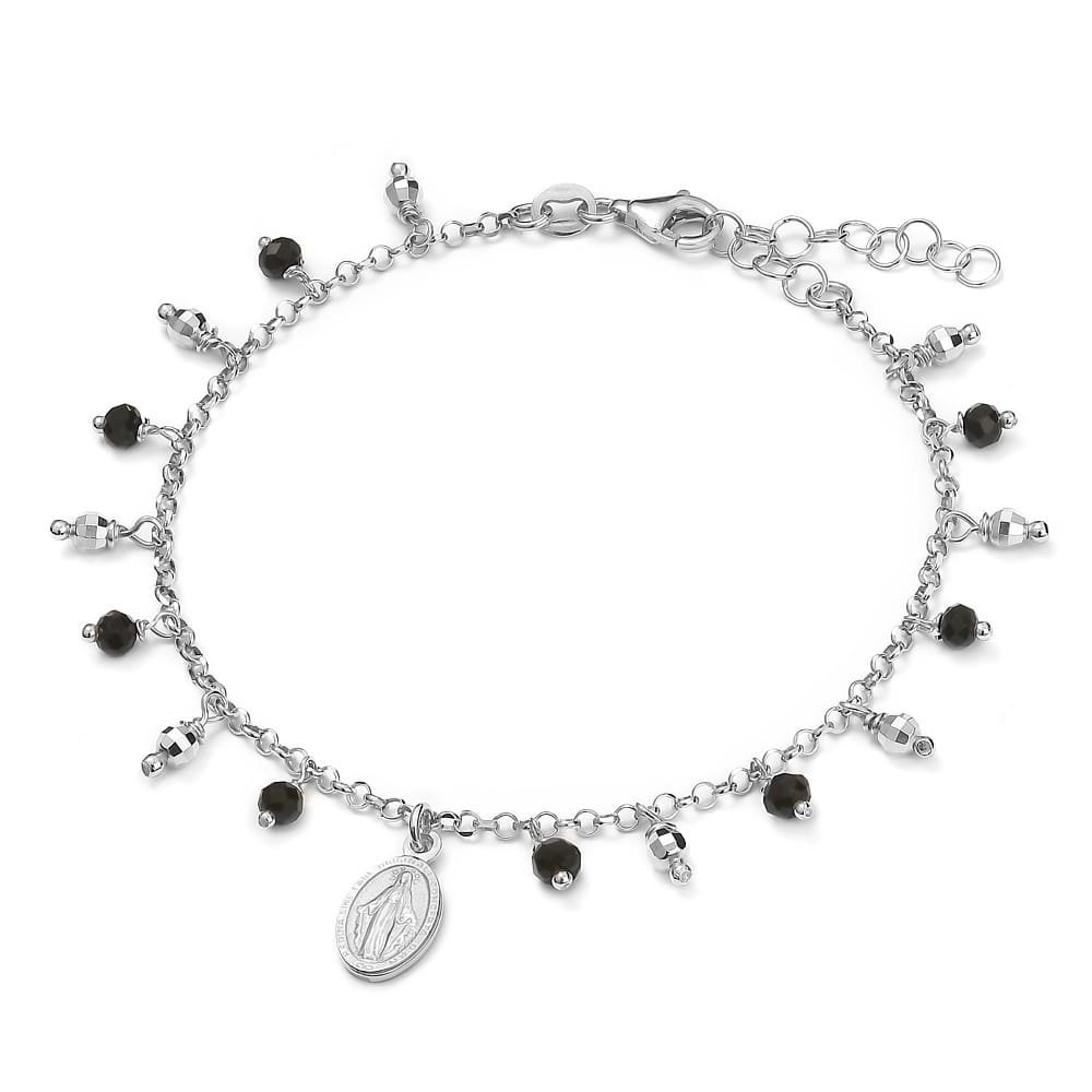 Bransoletka srebrna rodowana z medalikiem i czarnymi cyrkoniami