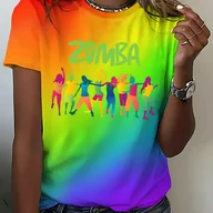 Bluzki damskie - TEMU Damska koszulka graficzna do Zumba - Błyskawiczny gradient tęczy, krótki rękaw, okrągły dekolt, swobodny, taneczny wygląd z kolorowymi - miniaturka - grafika 1