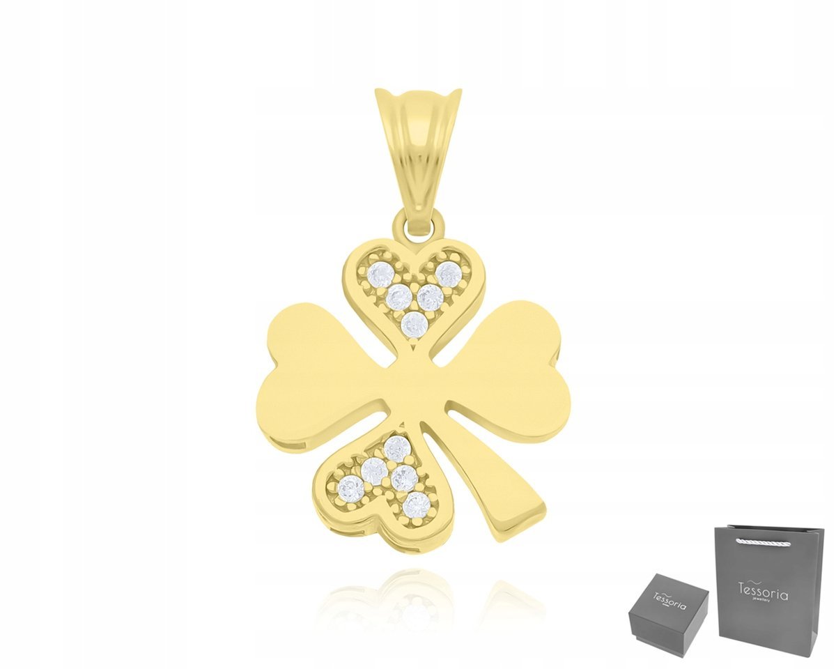 Złota Zawieszka 585 Damska Koniczynka Cyrkonie Wisiorek Na Prezent