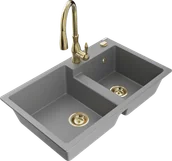 Zlewozmywaki z baterią - Mexen Tomas zlewozmywak granitowy 2-komorowy z baterią kuchenną Savita, szary - 6516-71-672601-50 - miniaturka - grafika 1