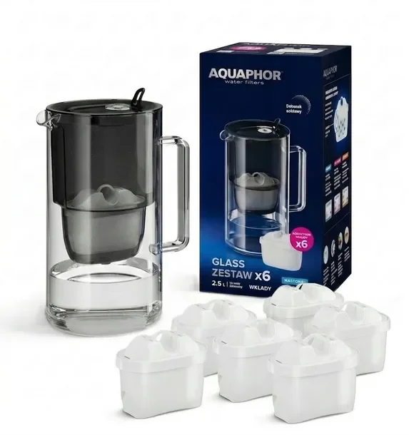 Dzbanek filtrujący Aquaphor Glass 2,5L szklany czarny +6 filtrów