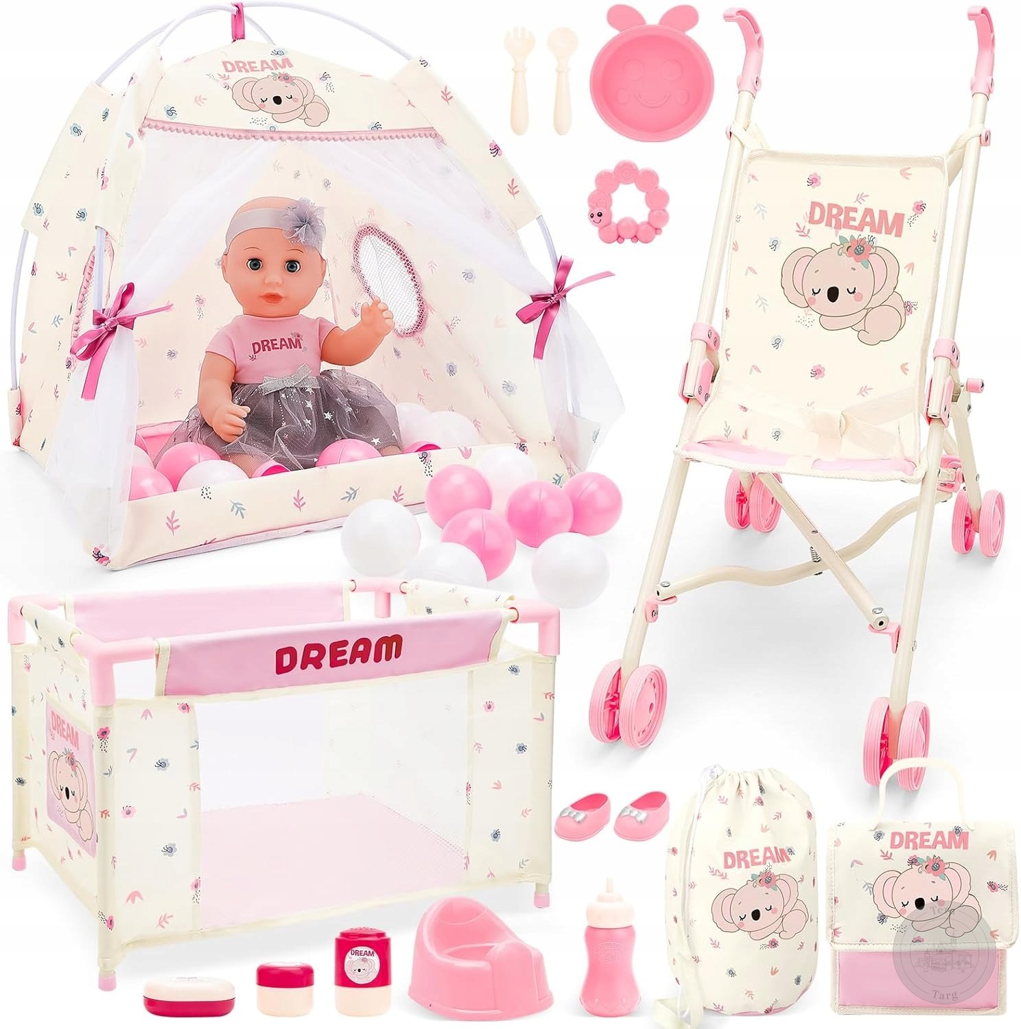 Lalka Wózek Łóżeczko Zestaw Akcesoria 5w1 Butelka Dla Dzieci Namiot
