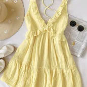 Sukienki - TEMU Kobieca Seksowna Sukienka Bez Rękawów z Wiązaniem na Plecach i Dekoltem w Serek - Jednokolorowa, Luźna z Rozszerzanym Dołem, Lekki Oddychający - miniaturka - grafika 1