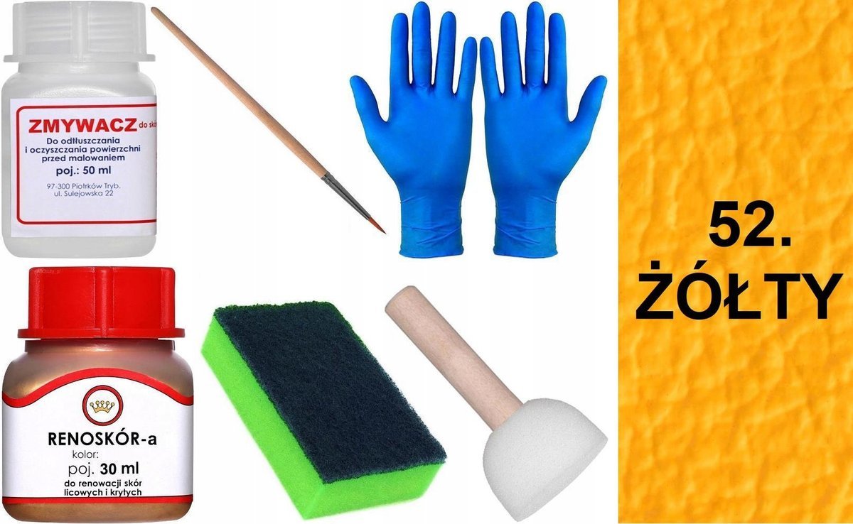 ŻÓŁTY 52 Renoskór ZESTAW DO RENOWACJI SKÓRY LICOWEJ Farba + Zmywacz Pędzel