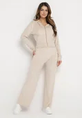 Dresy damskie - Beżowy Welurowy Komplet Dresowy z Krótką Bluzą i Szerokimi Spodniami Arilei - miniaturka - grafika 1