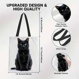 TEMU Stylowa Torba na Zakupy z Nadrukiem Czarnego Kota - Wielokrotnego Użytku Dwustronna Poliestrowa Torba, Duża Pojemność na Zakupy i Książki, - Torebki damskie - miniaturka - grafika 1