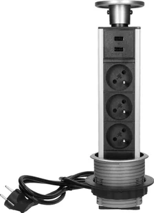 Orno Gniazdo meblowe Orno FS-17 potrójne wysuwane z blatu z ładowarką USB i przewodem 1,8m 3x2P+Z inox - Gniazdka elektryczne - miniaturka - grafika 1