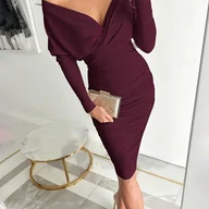 Sukienki - TEMU ELEGANTSUT Elegancka Sukienka Bodycon z Głębokim Dekoltem V dla Kobiet – Sukienka na Wieczór, Wesele, Galę, Wieczór, Długi Rękaw, Jednokolorowa, - miniaturka - grafika 1