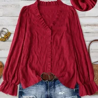 Koszule damskie - TEMU Moda Luźna Casualowa Bluzka Damska Jednokolorowa Teksturowana z Dekoltem w Serek i Falbanką na Dołu z Długim Rękawem - miniaturka - grafika 1