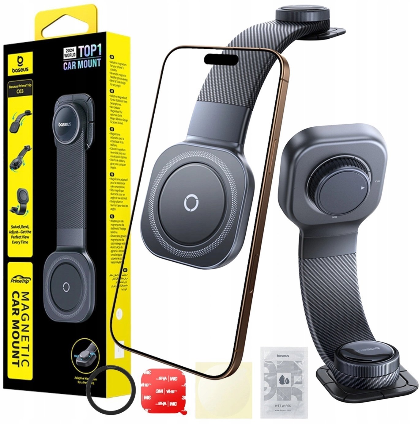 Uchwyt magnetyczny Baseus PrimeTrip C03 kompatybilny z MagSafe przyklejany na deskę rozdzielczą - czarny