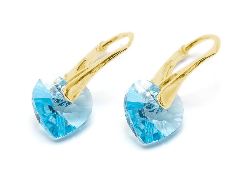 Kolczyki pozłacane srebro 925 z kryształami Swarovski Serca 10mm Aquamarine