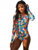 Stroje kąpielowe - JEDNOCZĘŚCIOWY KOLOROWY STRÓJ KĄPIELOWY DŁUGI RĘKAW ZAMEK LIŚCIE XL - miniaturka - grafika 1