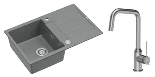 Quadron Unique Zlewozmywak granitowy jednokomorowy 78*50*22 cm z ociekaczem MORGAN 111 SILVER STONE z syfonem Push-2-Open w kolorze stalowym z baterią NATALIE Q LINE kolor stal szczotkowana - Zlewozmywaki z baterią - miniaturka - grafika 1