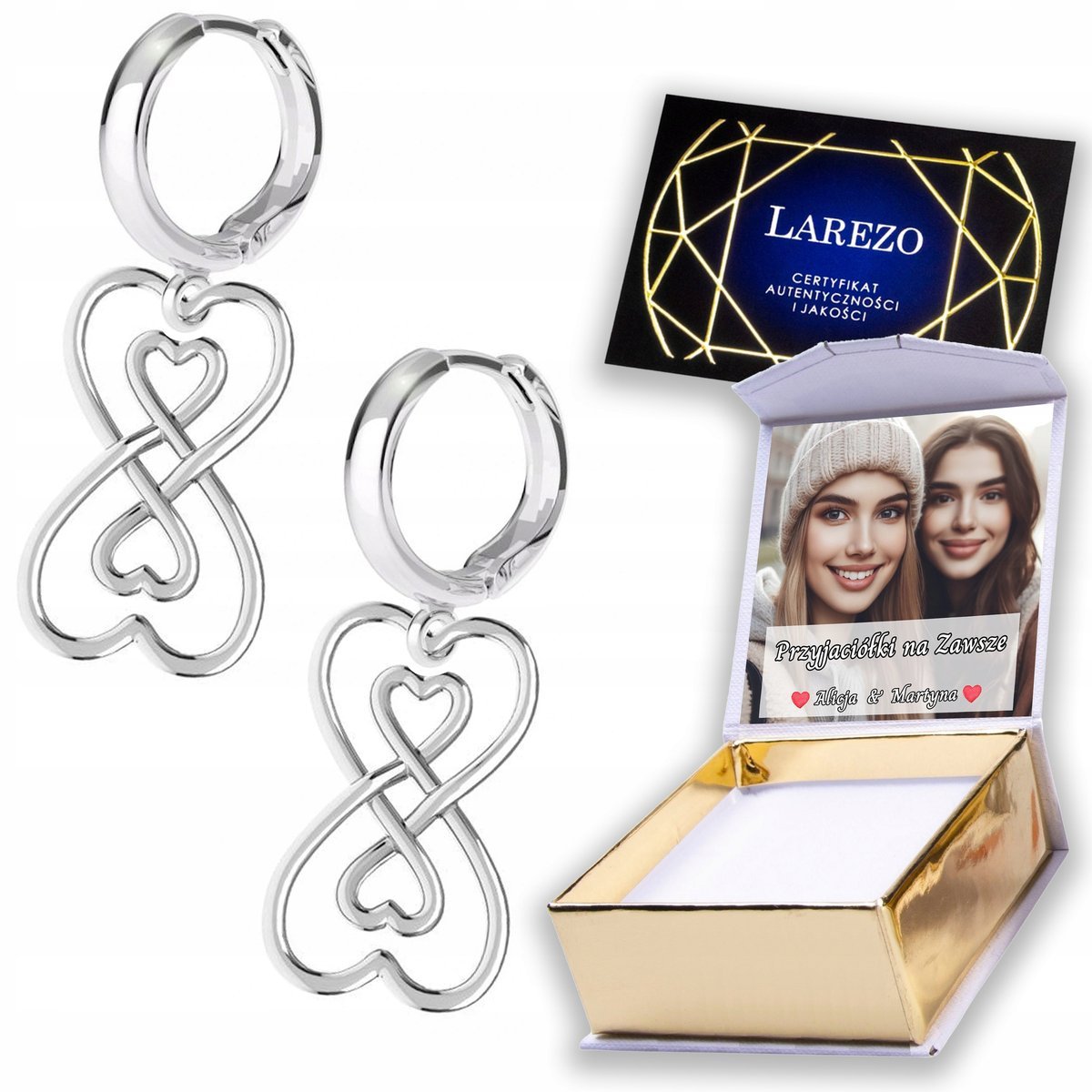 Kolczyki Srebrne 925 Serca z Nieskończonością Nieskończoność NADRUK