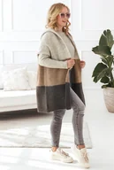 Swetry damskie - Długi, trójkolorowy kardigan z kapturem - brązy One size Sploty - miniaturka - grafika 1