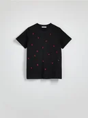 Koszulki i topy damskie - Reserved - T-shirt regular z drobnym haftem - czarny - miniaturka - grafika 1