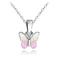 Naszyjniki - MINET Błyszczący naszyjnik srebrny MOTYL z różowym opalem - miniaturka - grafika 1