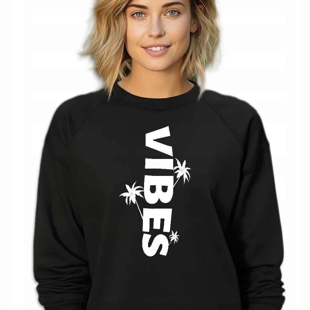 Czarna Bluza Damska Dresowa VIBES Stylowa Modna Wzory Rozmiar S