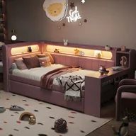 Meble do sypialni - Łóżko wysuwane 90 x 200 cm z biurkiem, 2 szufladami i przegródkami - MDF + sklejka + tkanina lniana - port USB i diody LED - różowe (bez materaca) - miniaturka - grafika 1