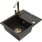 Zlewozmywaki z baterią - Mexen Enzo zlewozmywak granitowy 1-komorowy z ociekaczem i baterią kuchenną Rita, czarny/złoty metalik - miniaturka - grafika 1