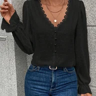 Koszule damskie - TEMU 1 szt. Elegancka koszula z długim rękawem i wycięciem w kształcie litery V, z koronką i jednokolorową, 100% poliestrowa tkanina, wszechstronna - miniaturka - grafika 1