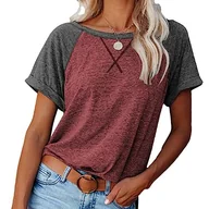 Koszulki i topy damskie - Clotth Damska koszulka Colorblock Crossover Loose Top z krótkim rękawem Casual T-Shirt, P-Brick Red-s, S - miniaturka - grafika 1